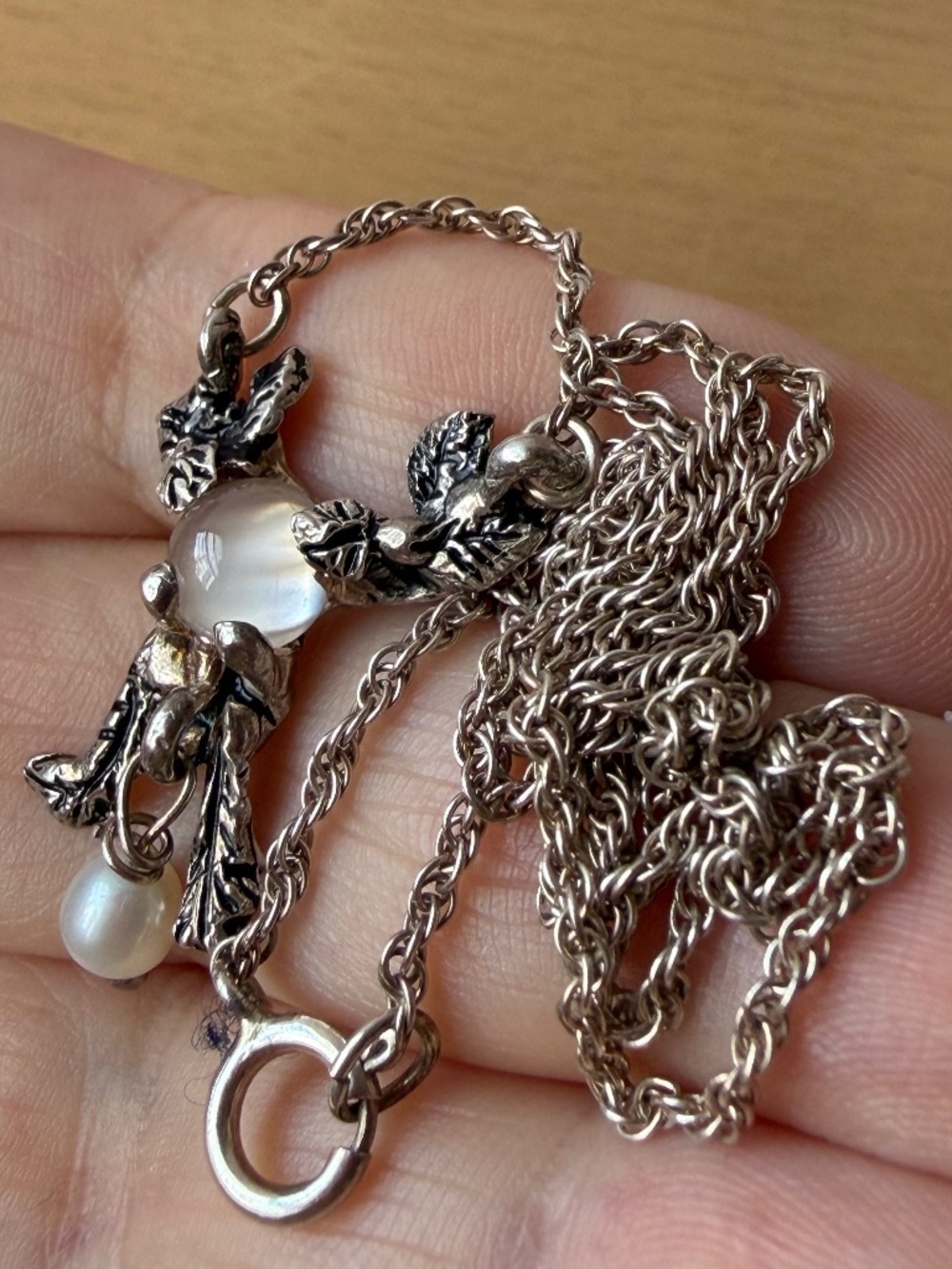 VINTAGE CATS EYE MOONSTONE CABOCHON PEARL FLORAL FIGURAL FESTOON NECKLACE 925 SS